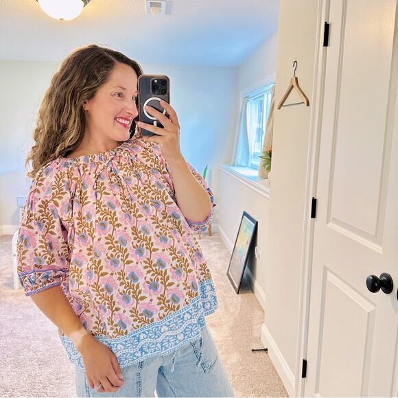NWT Tuckernuck SZ Blockprints Pink Blue Floral Cotton Oversized Blouse Small - Picture 1 of 14